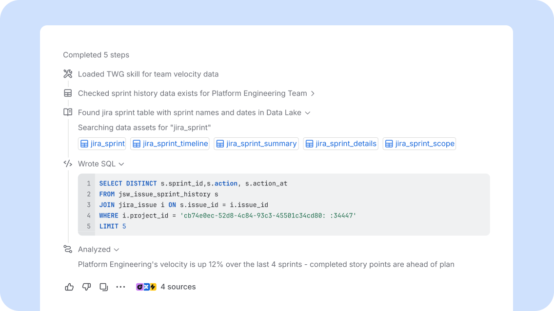 AI answer showing its steps, generated SQL, and sources
